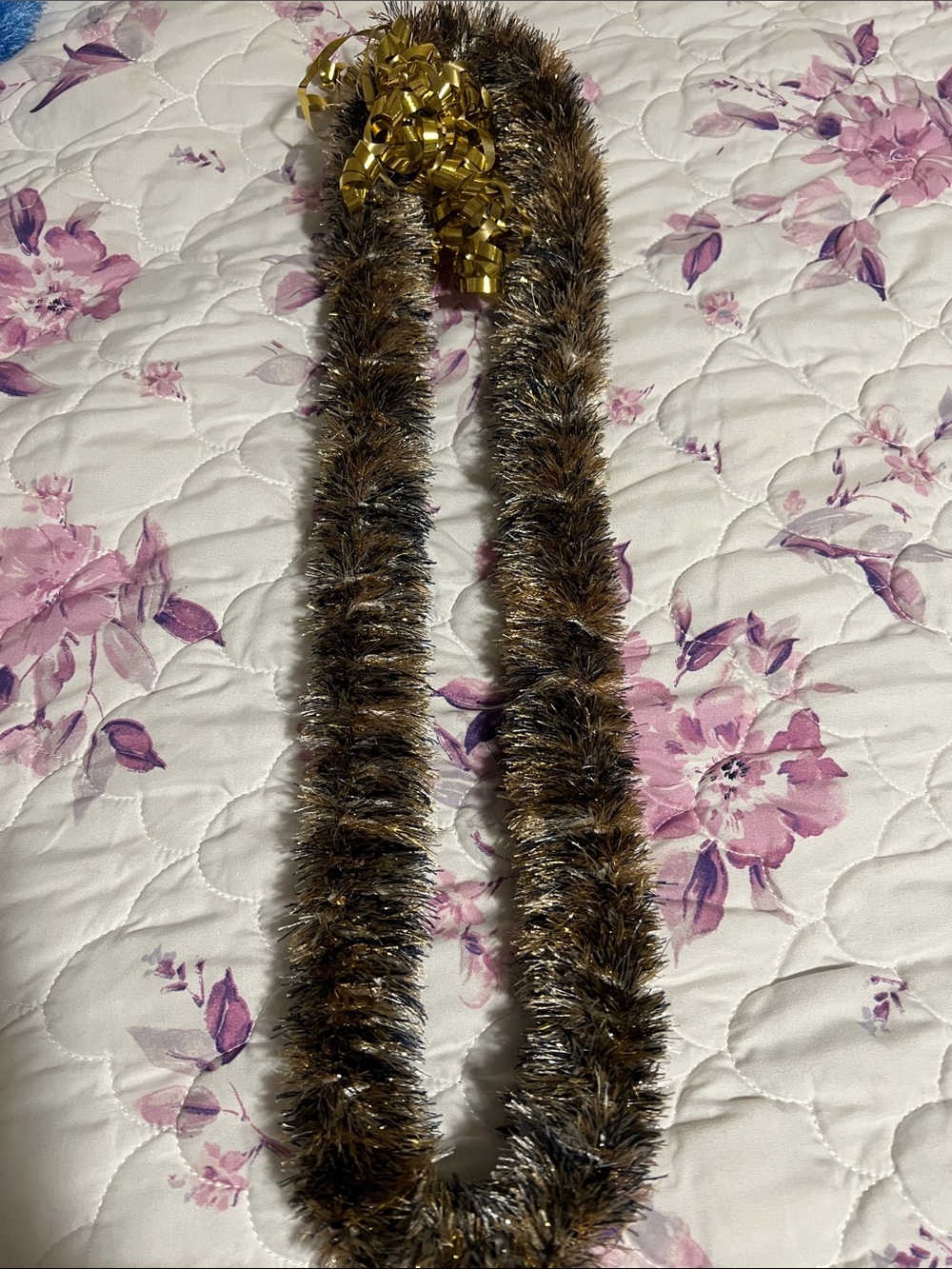 Lei. Eyelash “Fur” fuzzy gold black white Tinsel lei. Handmade
